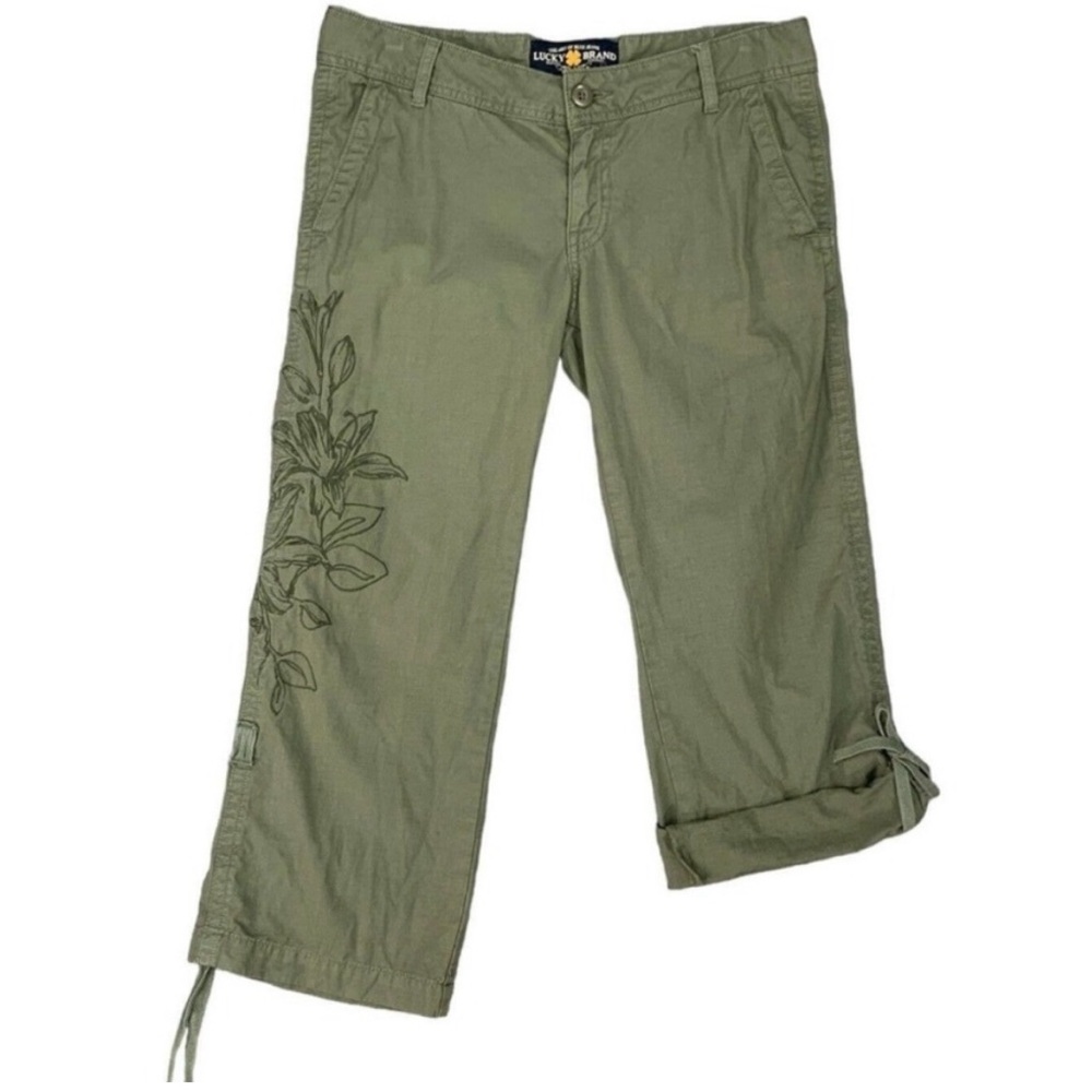 Women's Lucky Brand Army Green embroidered Roll Cuff Capris, Size 4 - Picture 2 of 5